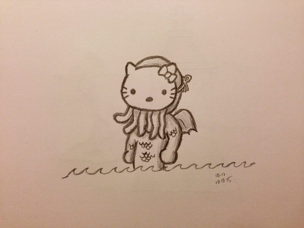Sketch of Cthulhu wearing a Hello Kitty mask